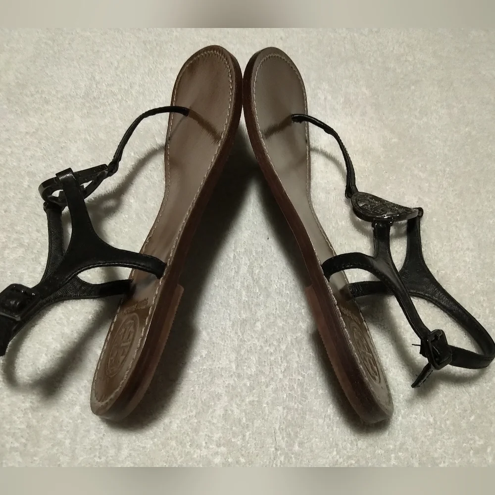 Tory Burch Black Leather Sandals with Signature Medallion